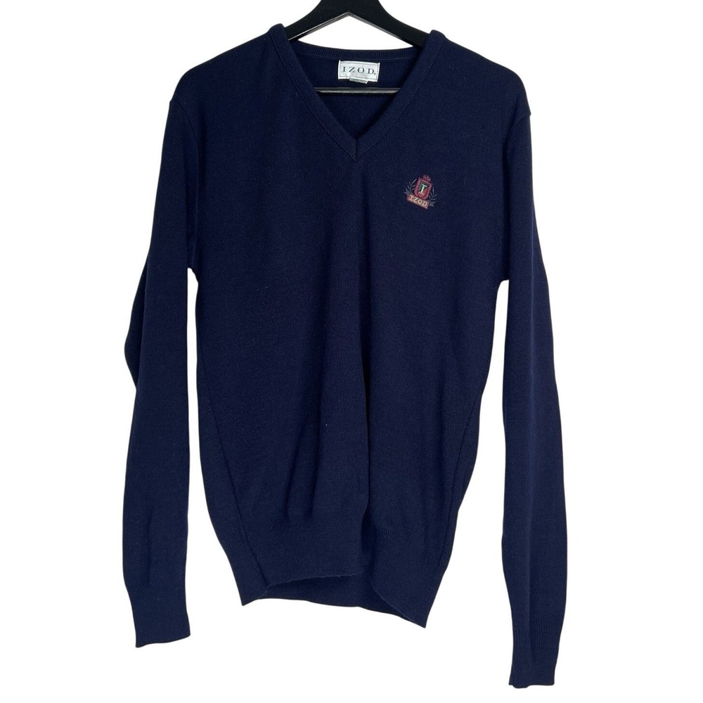 Vintage IZOD Mens Navy Blue V-Neck Acrylic Knit Sweater Crest Logo Size Medium